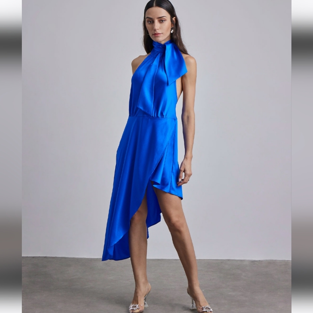 NWT Halter Neck-Tie Hi-Low Silk Midi Dress (Sapphire Blue) - Silk Maison